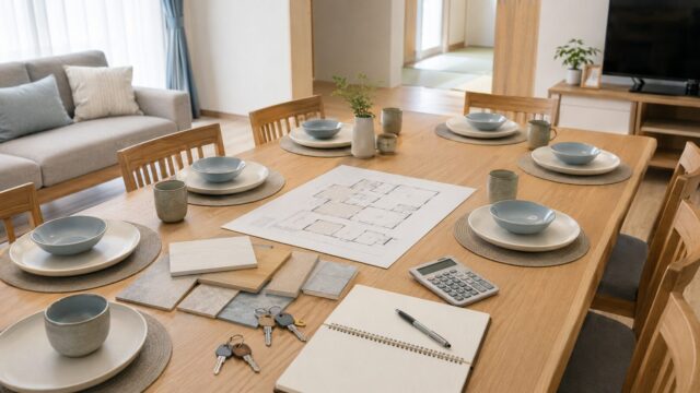 完全分離型二世帯住宅を検討する家族のダイニングテーブル