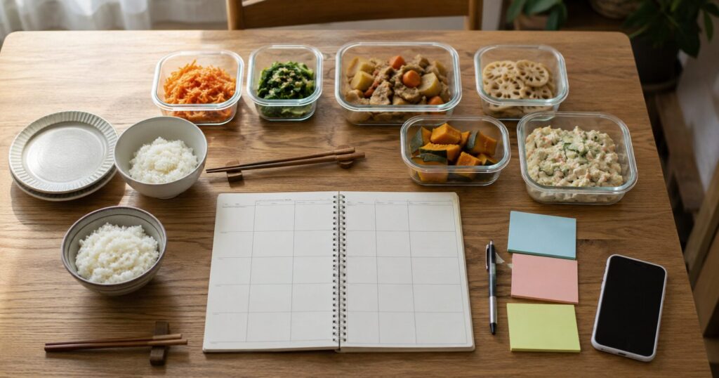 忙しい平日の夕食に冷蔵惣菜を活用するスケジュール管理のイメージ