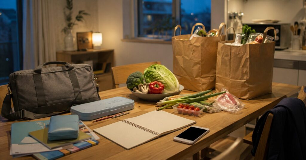 共働き家庭の夕飯づくりと買い物の負担を表した食卓