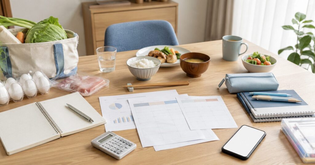 共働き家庭が食材宅配と外食費とコンビニ代を家計簿で見直すイメージ