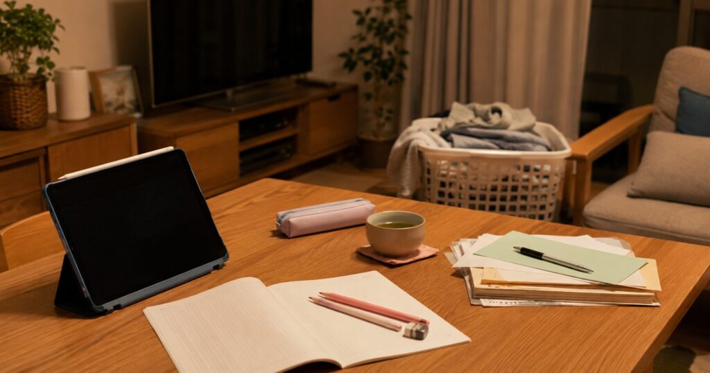 共働き家庭で小学生の家庭学習を進めるイメージ