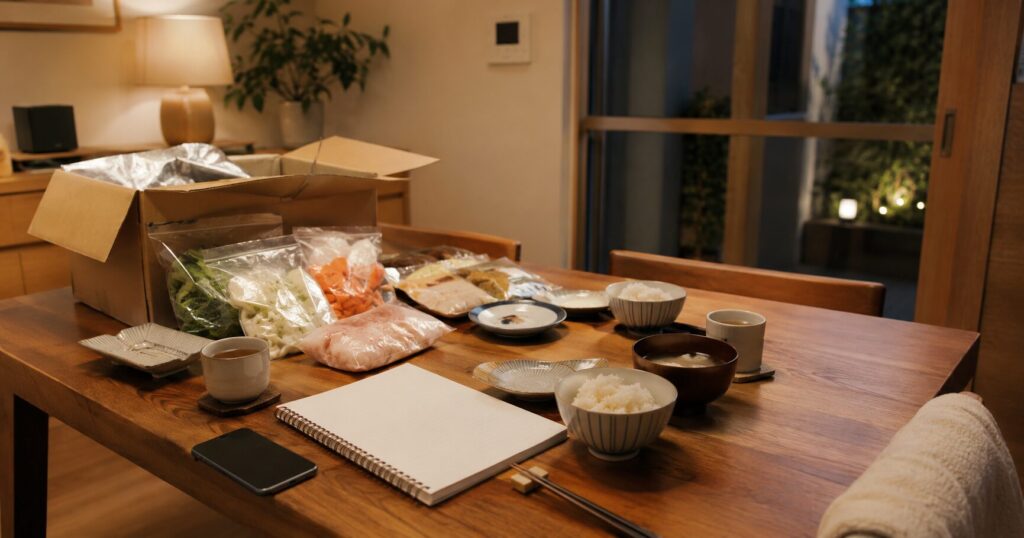 ヨシケイをお試ししてから判断するためにスマホと予定表を確認する日本の家庭の食卓