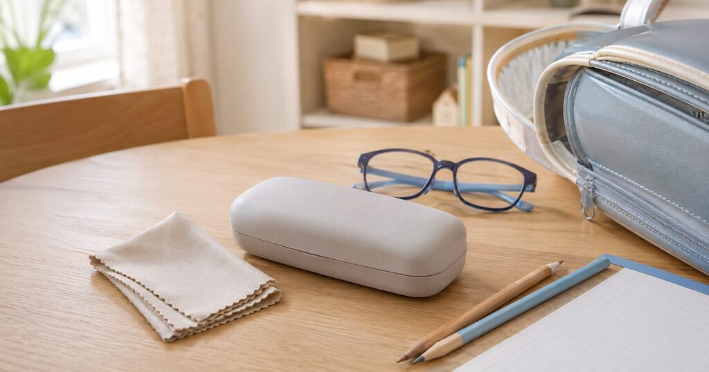 学校で使うメガネケースとお手入れ用品を準備するイメージ