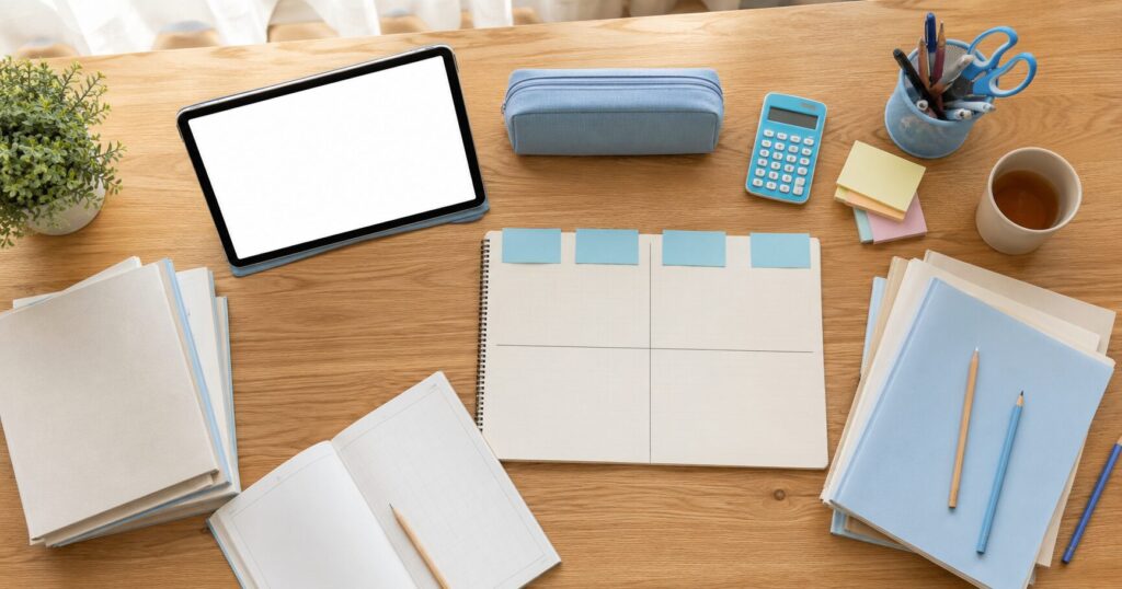 紙教材とタブレット教材を比較して通信教育を選ぶ机