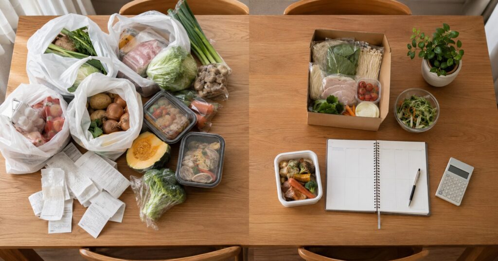 食材宅配で食費が増える使い方と増えにくい使い方を表した食卓