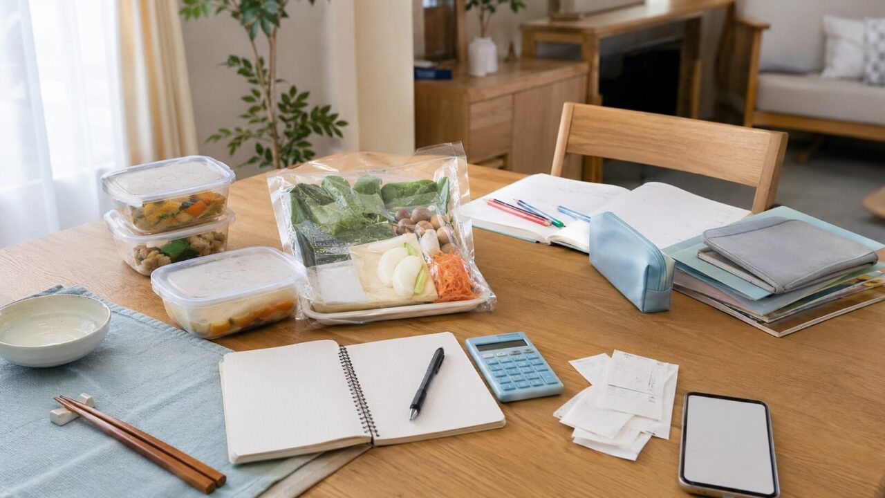 食材宅配と家計簿を並べて食費を確認する共働き家庭の食卓
