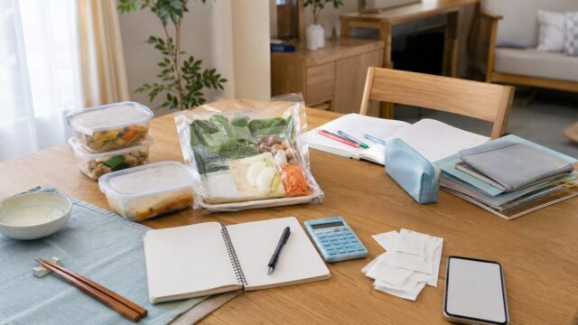 食材宅配と家計簿を並べて食費を確認する共働き家庭の食卓