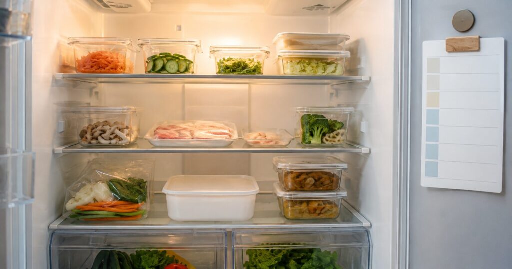 必要量の食材と整理された冷蔵庫で食品ロスを減らす様子