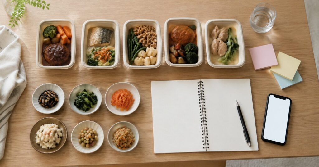 冷凍弁当の味や食感を比較する食卓