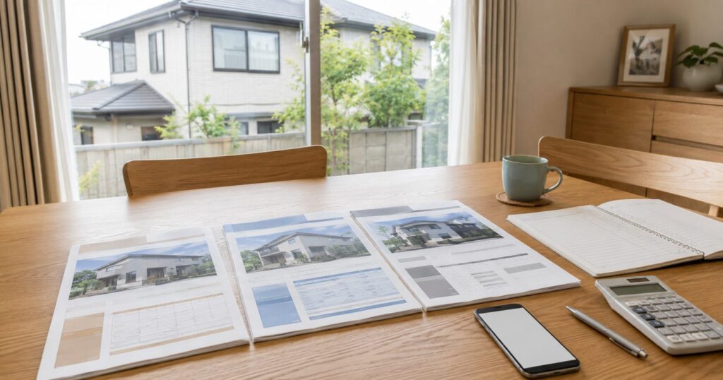 外壁塗装の3社の見積書と電卓を使って工事内容を比較する家庭のテーブル