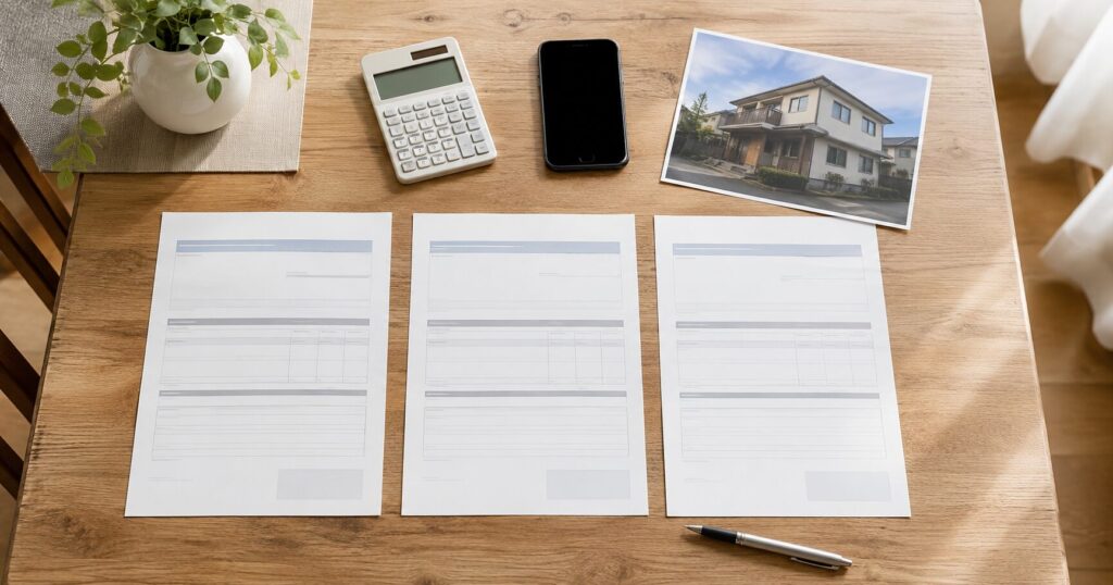 契約前の外壁塗装の見積書を複数並べて内容を比較しているテーブル