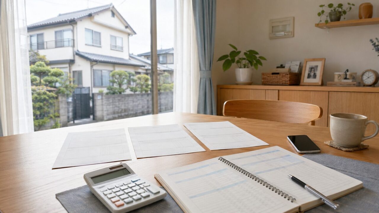 外壁塗装の複数の見積書と電卓を並べて断り方を考える家庭のテーブル