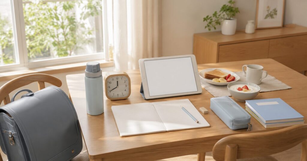朝の10分間にタブレット教材で家庭学習するための食卓