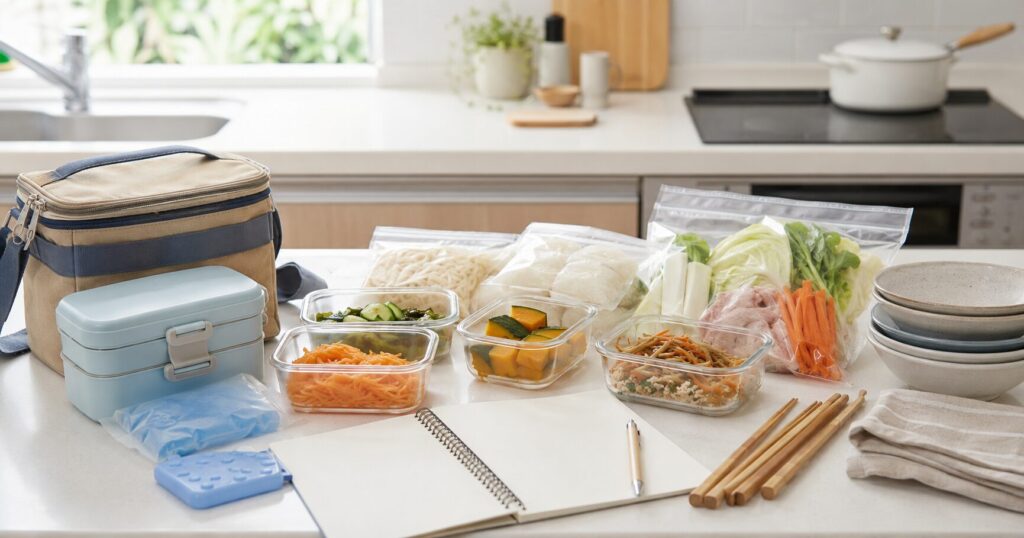 弁当箱、冷蔵惣菜、ミールキットを使った小学生の夏休みの昼ごはん準備