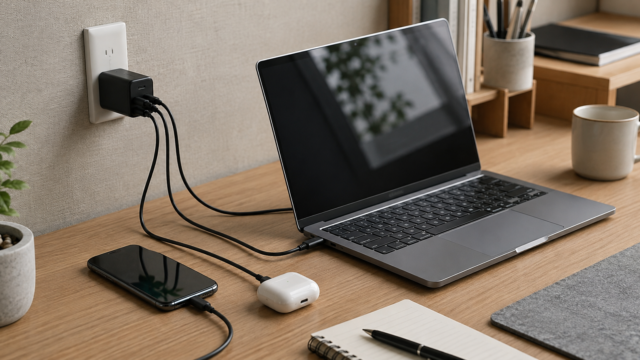 Anker Prime 67Wのような3ポート充電器でノートPC・スマホ・イヤホンを充電するデスク