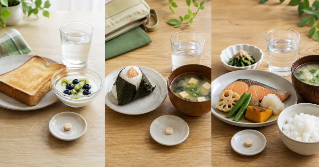 朝昼晩の食後にサプリを1粒ずつ飲むイメージ