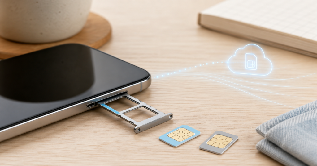 スマホのSIMトレイと2枚のSIMカードでデュアルSIMの仕組みを表したイメージ