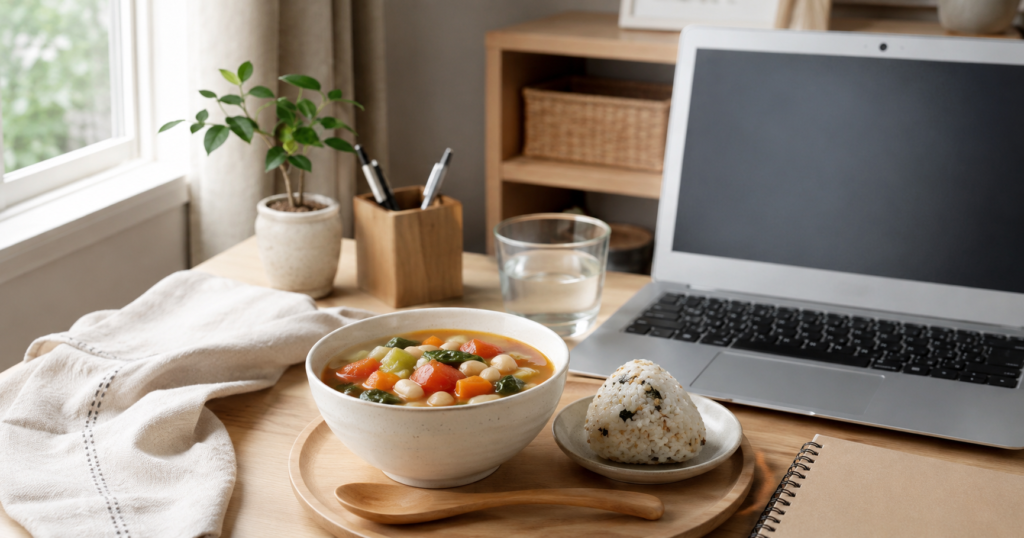 忙しい日の昼食に野菜スープを取り入れるイメージ