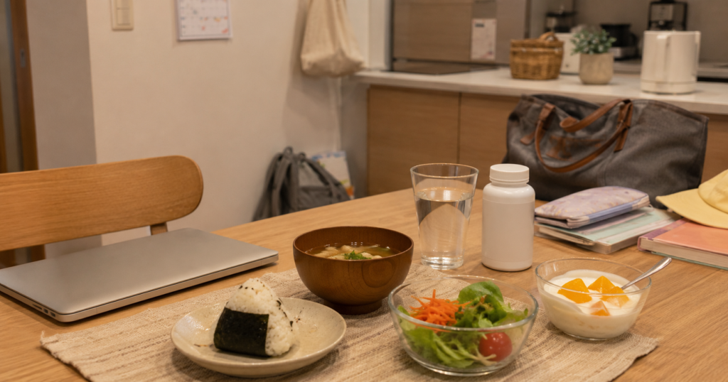 忙しい会社員の食事とマルチビタミンサプリのイメージ