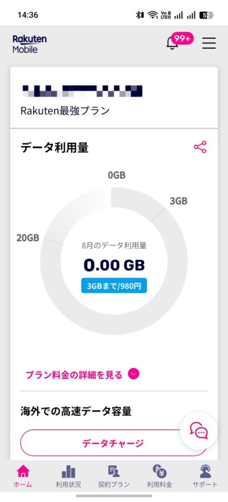 楽天モバイルの当月データ利用量が0GBになっている画面