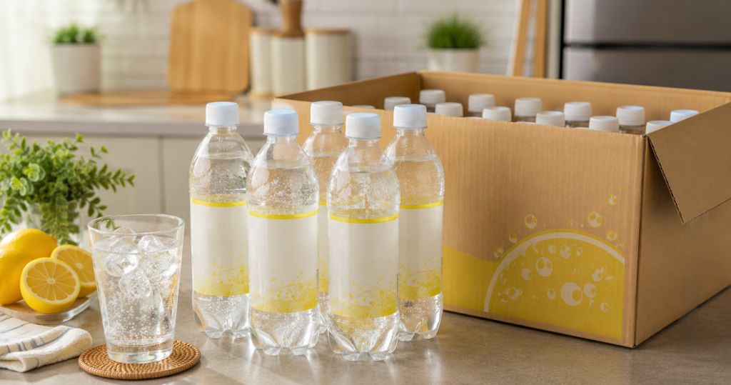 500ml炭酸水を箱買いして自宅にストックするイメージ
