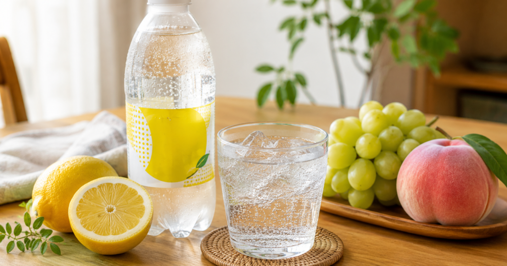 レモンと桃と白ぶどうをイメージしたフルーティーな無糖炭酸水
