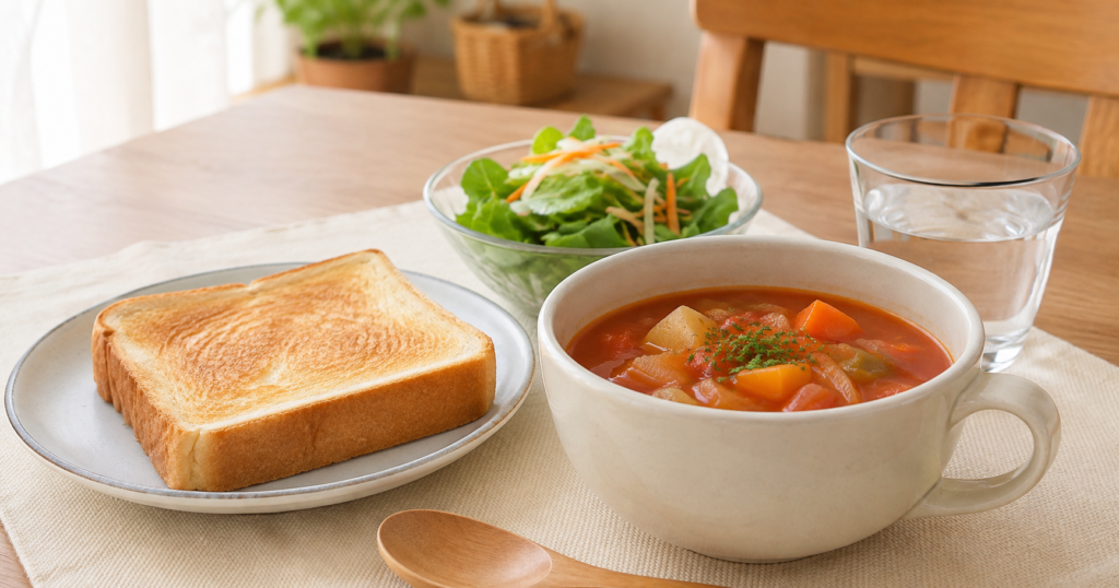 野菜スープとパンを組み合わせた簡単ランチ
