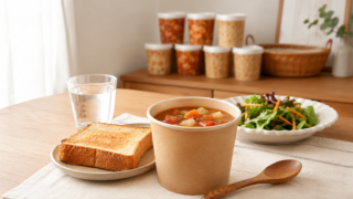 野菜をMOTTOのカップスープを楽しむ食卓