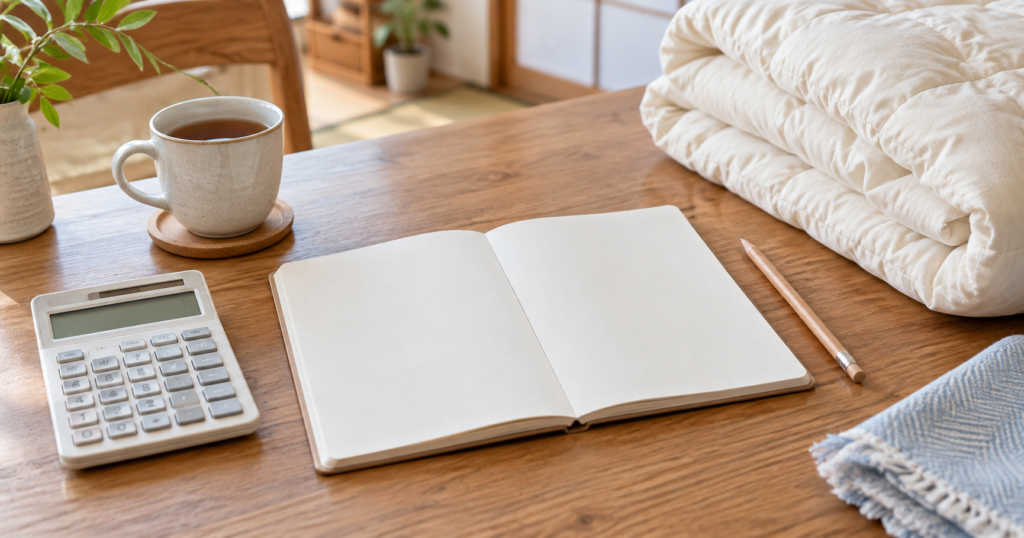 布団のそばにノートと電卓を置いて費用を比較するイメージ