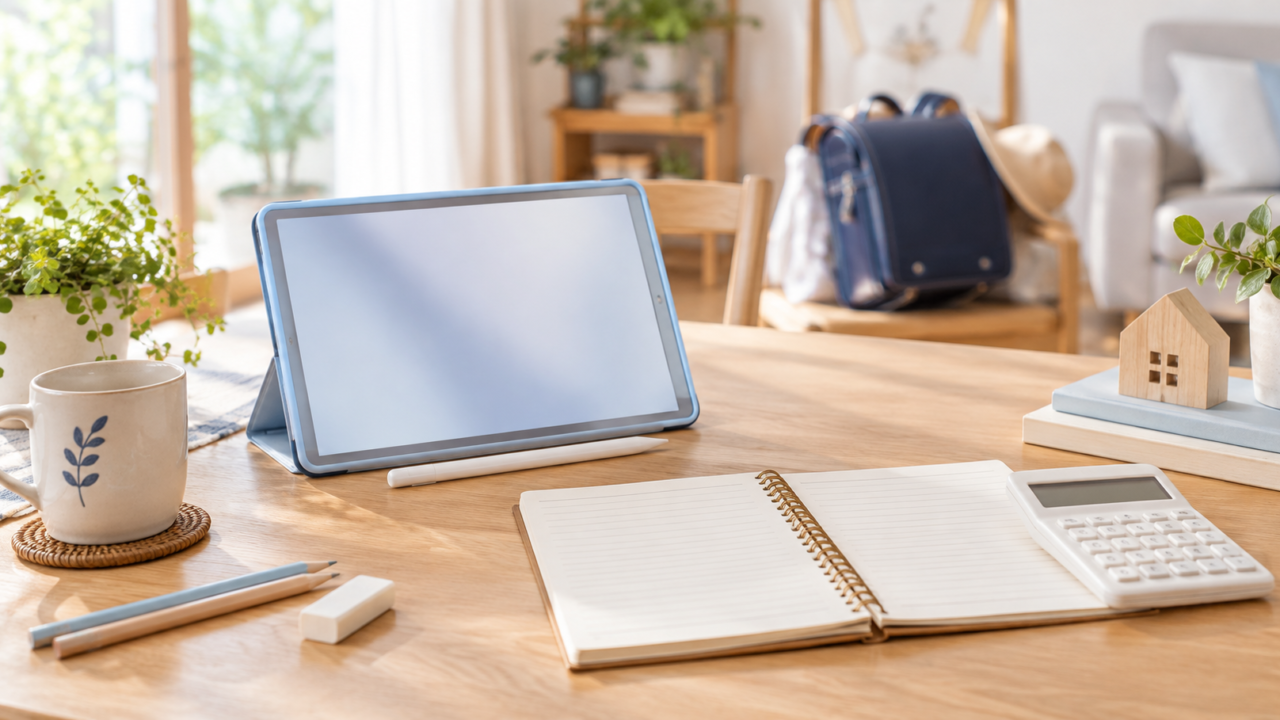 木のテーブルに並べた学習用タブレット、電卓、家計用ノート