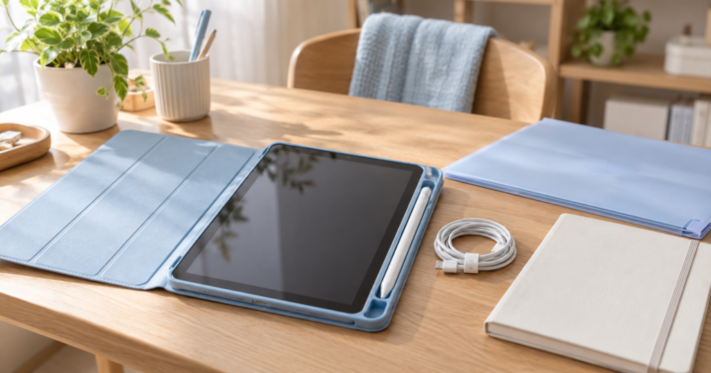 保護カバーに入れた汎用タブレットとペン、充電ケーブル、書類ケース