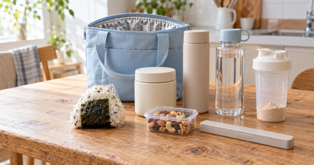 保冷バッグの横にスープジャーや水筒、食品容器を並べたイメージ